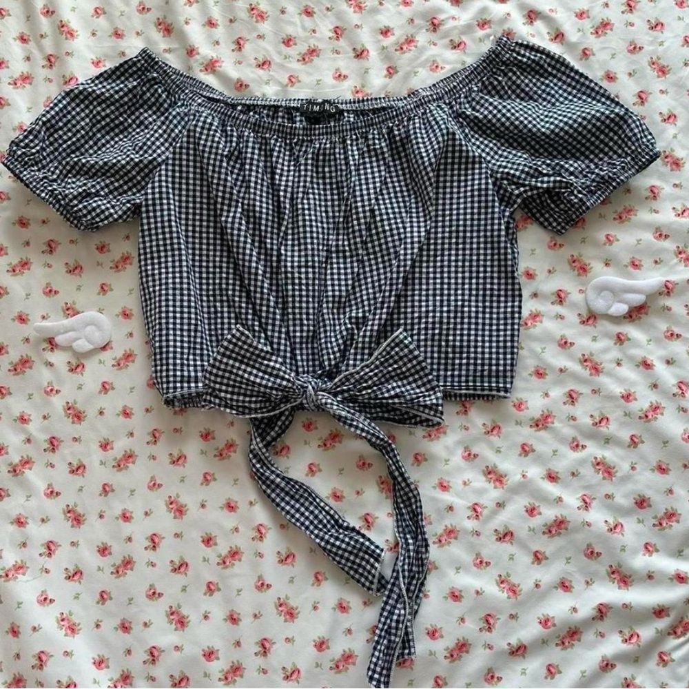 Navy and white gingham milkmaid top